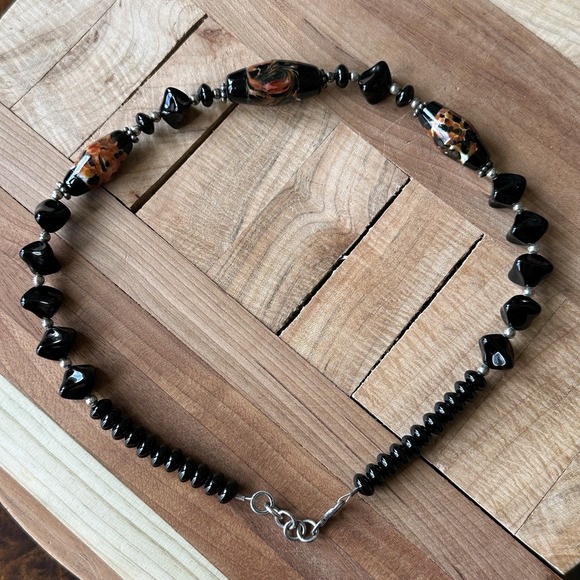 Vintage Artisan Beaded Necklace 18 Inch Black Onyx Art Glass 925 Sterling 60.8g - Picture 10 of 13